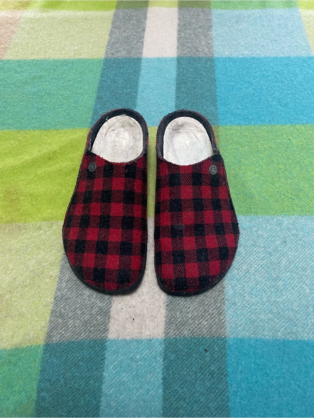 Birkenstock Mens Zermatt Shearling Red Wool Plaid Felt Slipper Clogs